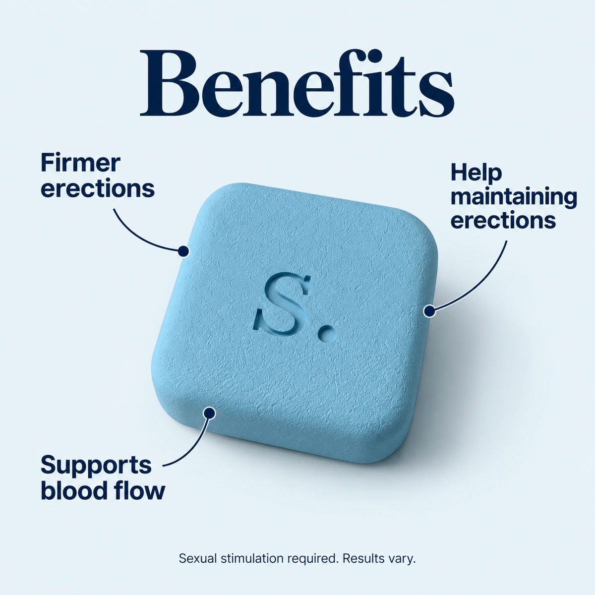 Benefits: Firmer erections. Help maintaining erections. Supports blood flow. Sexual stimulation required. Results vary.