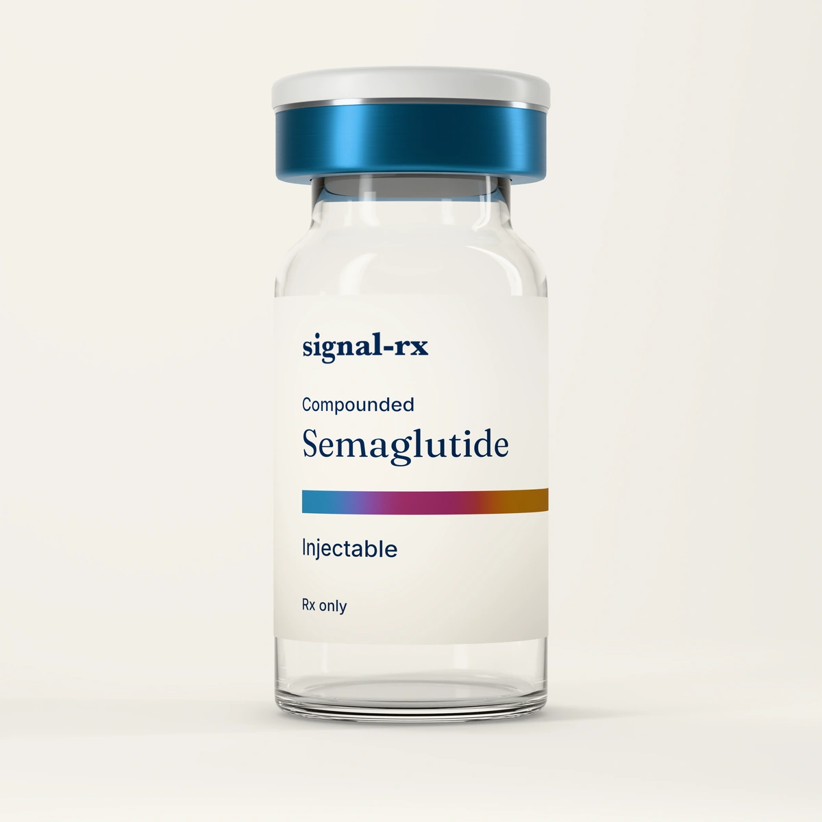 Illustration of a Compounded Semaglutide vial with a signal-rx label, front view